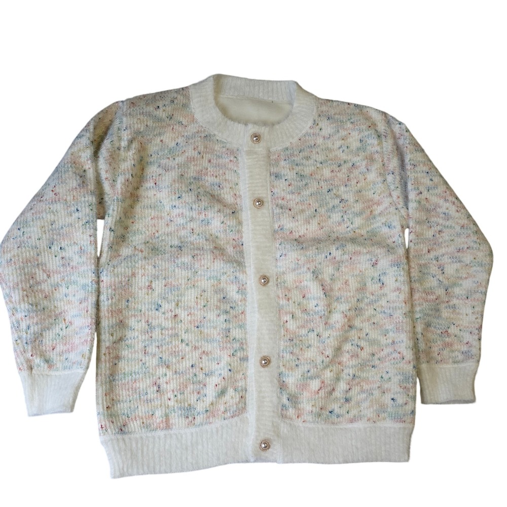 Cream‎ Speckled Knit Button Up Cardigan Pearl Buttons Cozy Academia